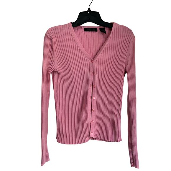 Vintage 90s Y2K Express Ribbed Long Sleeve Pink Cardigan Sweater Sz L - Picture 1 of 8